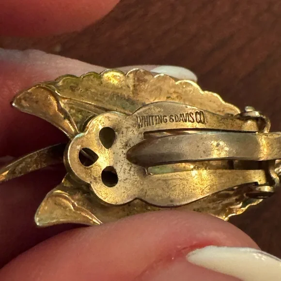 Whiting & Davis Vintage Leaf Design Earrings with Turquoise Accents - Picture 4 of 7